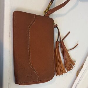 Frye Tan Leather Wristlet with Tassels